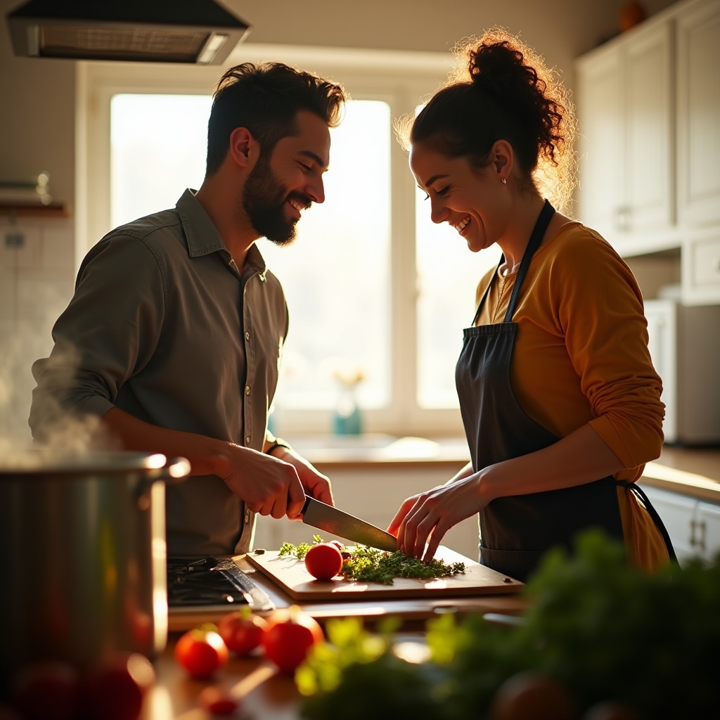 Dos personas cocinando juntas en una cocina hogareña compartiendo tareas frente a la mesada