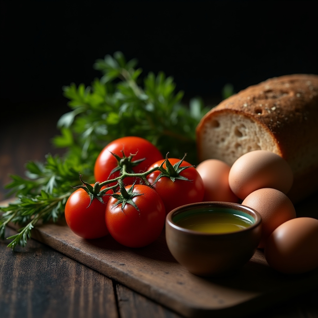 Ingredientes frescos ordenados sobre una mesada de cocina